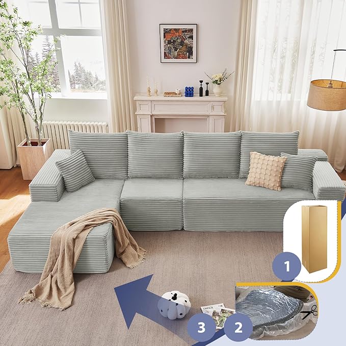 135.4" Cloud Sectional Couch with L-Shape Chaise, Modern Corduroy Boneless Couch for Living Room,Memory Foam Sofa with Deep Seat,No Assembly Required (Grey,Left-Facing Chaise)