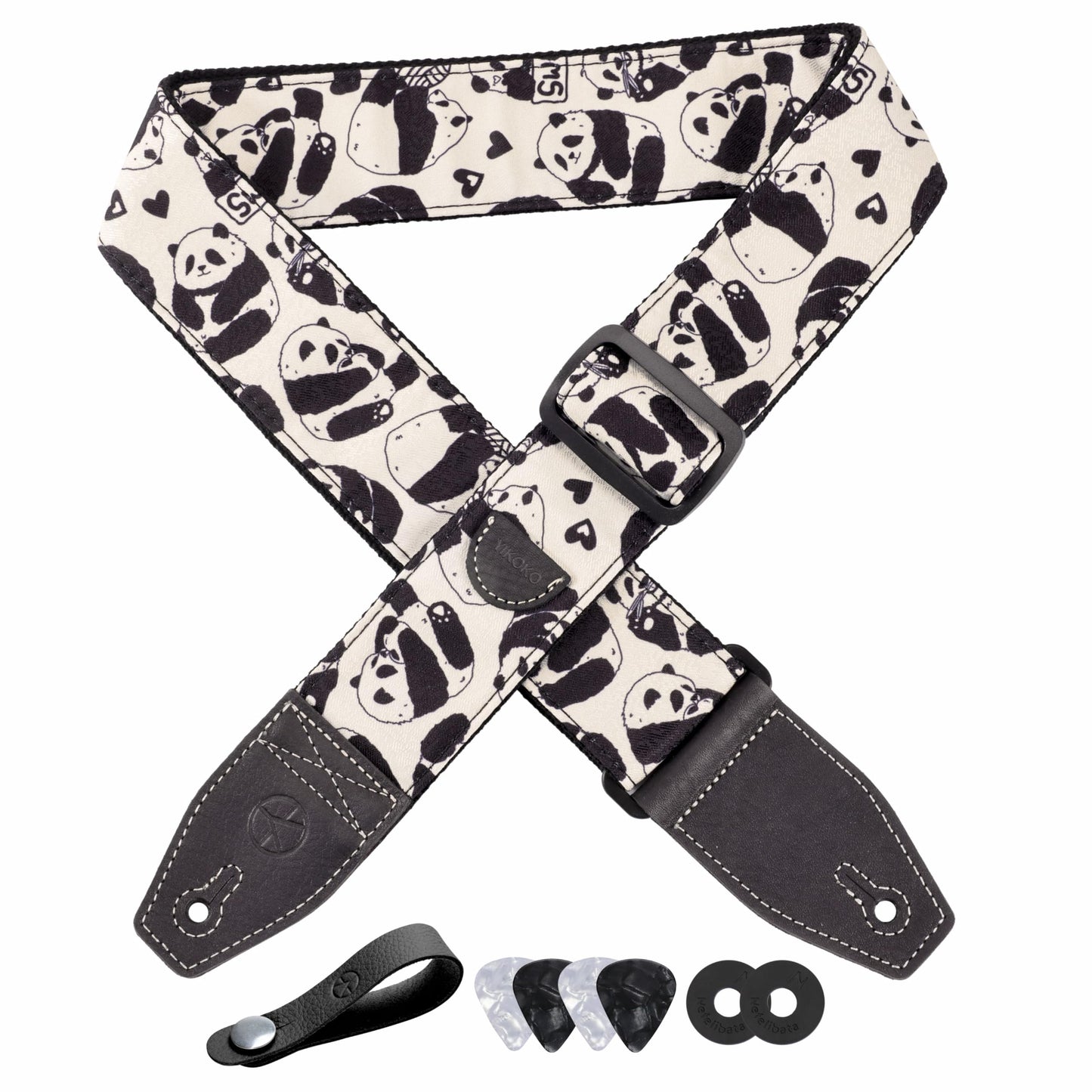 YIKOKO Guitar Strap 2, Cotton Print Panda Guitar Straps with Full Grain Leather End, for Bass, Electric and Acoustic Guitars, Fr