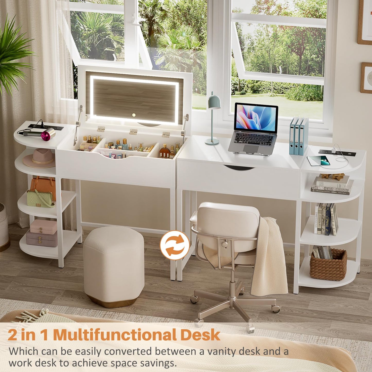 Cyclysio Vanity Desk with Flip Top Mirror and Lights, Makeup Vanity Desk with Drawers, Dressing Table with Storage Shelves & Charging Station, Small Vanity for Small Spaces, White