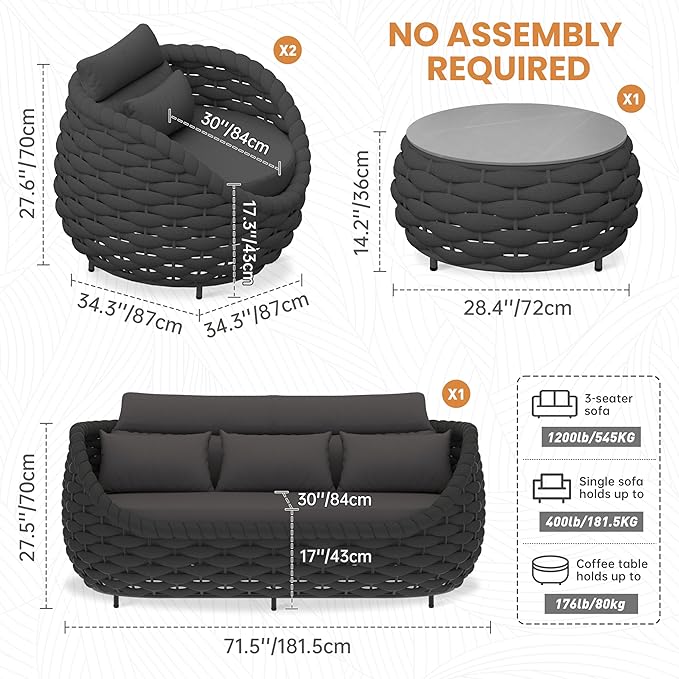 Erotr Woven Rope Patio Furniture Set: 4 Pieces Aluminum Outdoor Conversation Sofa Set Assembled - Modern Couch Set Cushioned - All Weather Metal Porch Seating for 5 Person Deck Garden Hotel, Dark Gray