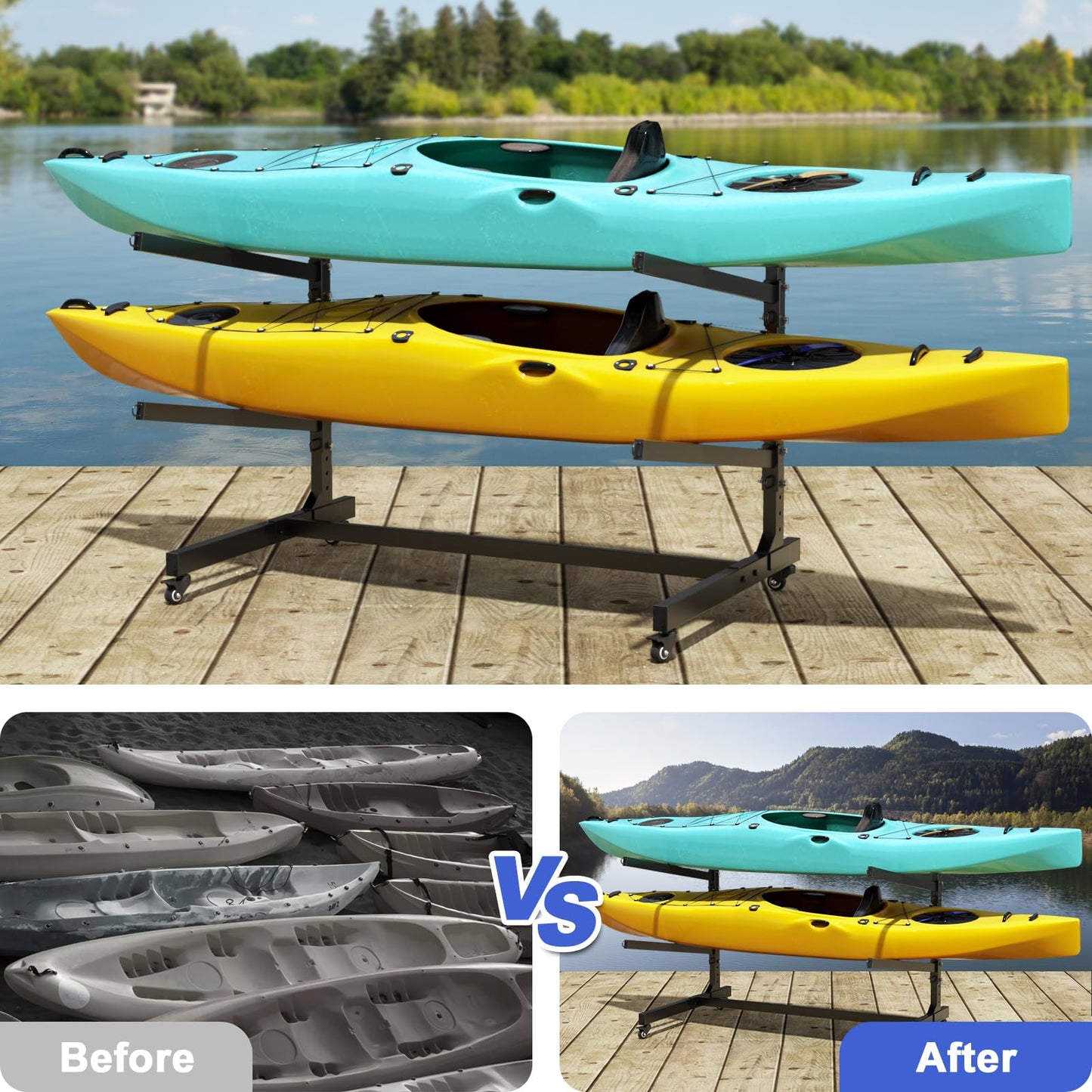 Baotree 2 Levels Heavy Duty Freestanding Kayak Storage Rack with Lockable Wheels, Adjustable Metal Stand for 2 Kayaks, Canoes, SUPs, Paddleboards & Surfboards, Indoor & Outdoor Use