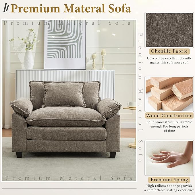 URRED Modular Sectional Sofa Comfy Cloud Couch, Modern Chenille Sofa Sleeper Deep Seat Couches with Ottoman/Pillows for Living Room (Khaki, 53'')