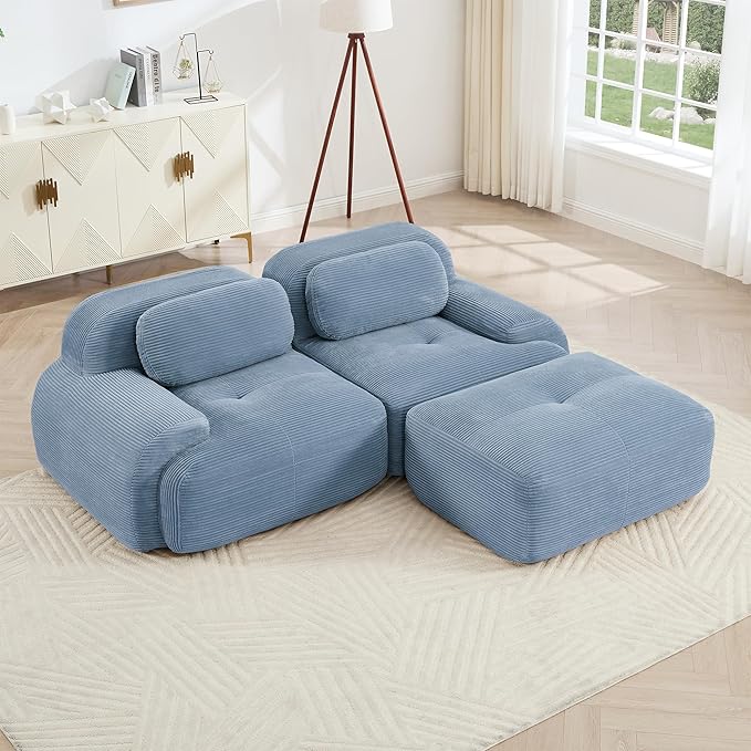 SoarFlash 81” Sectional Cloud Boneless Sofa Couches for Living Room-2 Seater L-Shaped Modern Lounge Couch-No Assembly Modular Corduroy Convertible Sponge Sleeper Sofas with Chaise for Home House,Blue