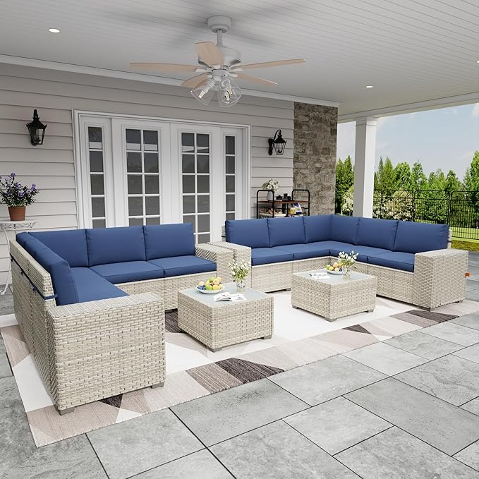Broivira 12 Piece Patio Furniture Set, 9.8" Wide Arm Sectional Sofa with Storage Armrests, All-Weather Rattan Outdoor Conversation Set for Garden, Porch, Lawn, Backyard, Balcony, Blue