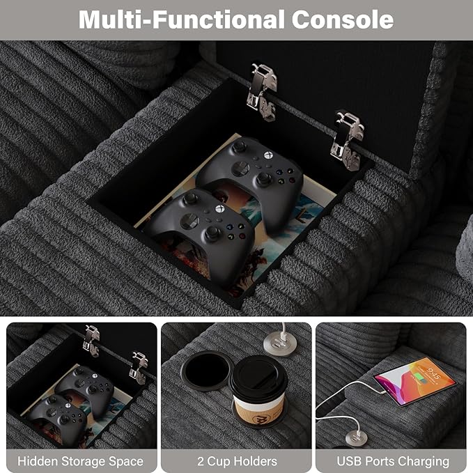 Modular Sectional Sofa with USB Cup Holders Storage, 143" U Shaped Cloud Couch Plush Corduroy Deep Seat Boneless Sofas with Double Chaise Lounge Memory Foam Couches for Living Room - Dark Grey