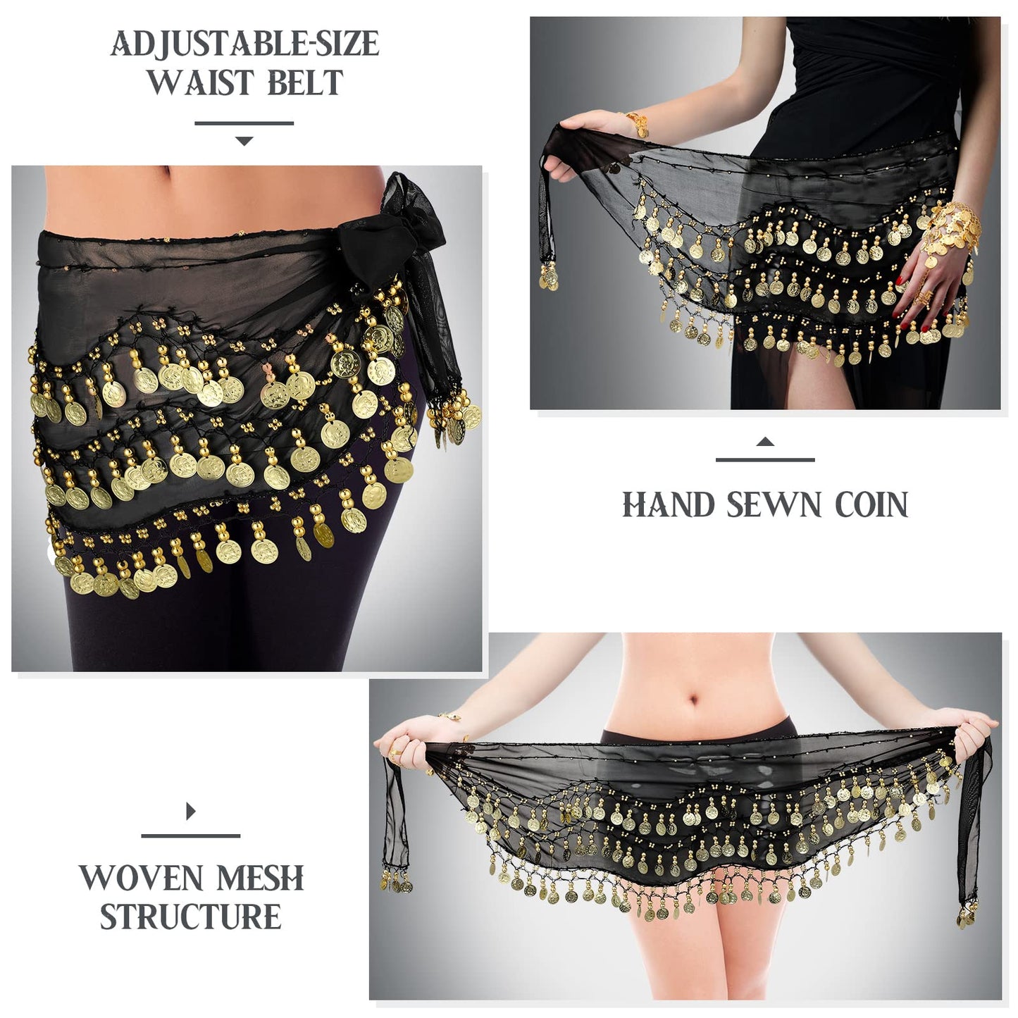 Eurzom 4 Pcs Gypsy Costume Women Belly Dance Outfit Gypsy Accessories Head Scarf with Coins Hip Scarf Bracelet(Black)