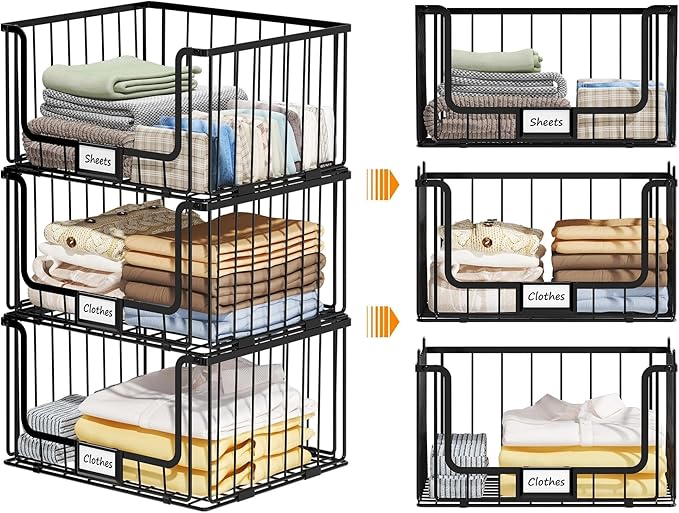 3-Tier Stackable Closet Organizers and Storage, Clothes Shelf Organizer, Foldable Wire Basket Bins, Sweater Storage for Closet and Pantry,11.8" D x 15.7" W, Black