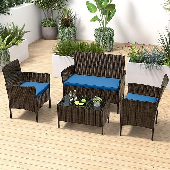 RELAX4LIFE 4-Piece Patio Furniture Set - Rattan Outdoor Conversation Bistro Set w/Cushions, Glass Coffee Table, Wicker Chairs & Loveseat for Garden Backyard Porch, Balcony Furniture Set (1, Peacock)