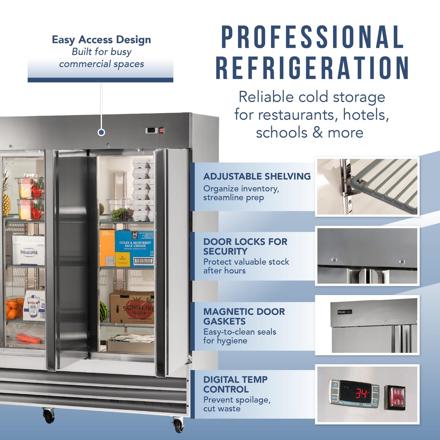 PEAKCOLD 3 Door Commercial Refrigerator - 72 Cubic Ft, 81" Wide Stainless Steel Reach-In Commercial Refrigerator with White Internal Lighting - Freestanding Industrial Fridge