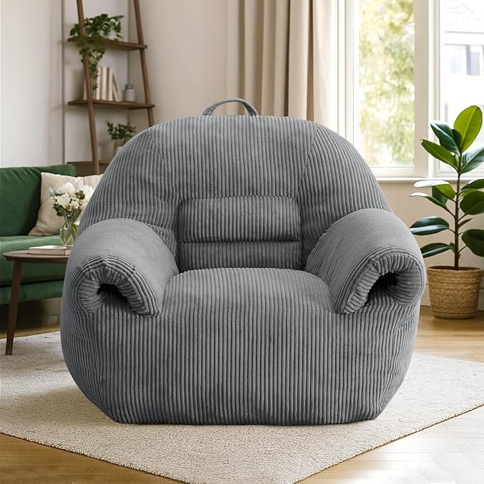 Peace nest Bean Bag Chair with Memory Foam Filled Ultra Soft Corduroy Cover for Adults Comfy Fur Bean Bag Chairs with Armrests for Bedroom Living Room Office Dorm Reading Grey