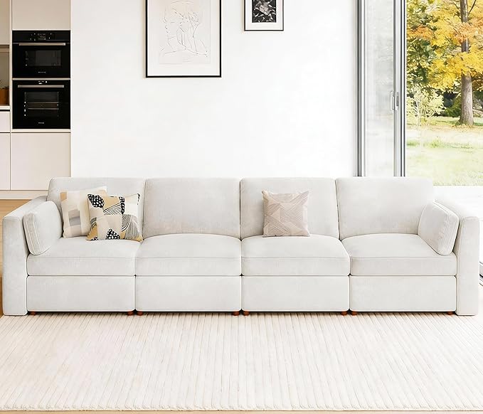 CUGOAO 153.4'' Modular Sectional Sofa, Oversized, Sectional Couch, Deep Seat Chenille Cloud Couch Sofa, Removable Cover, Mordern Upholstered Couches for Living Room, Apartment, Office, Beige