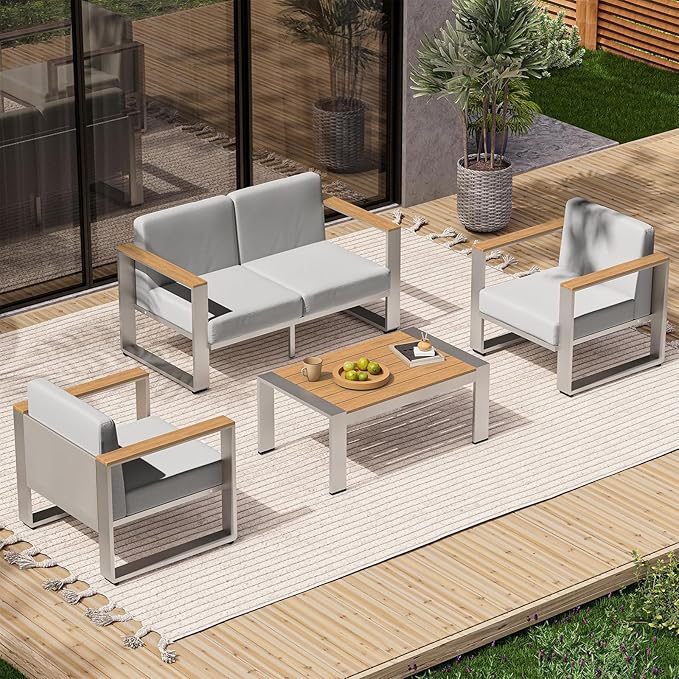 ComfCove Aluminum Outdoor Furniture Set, 4 Seats Outdoor Patio Conversation Sets with Ergonomic Seat and Wide Washable Thick Cushions, Modern Patio Sectional Furniture for Balcony, Porch (Teak-Gray)
