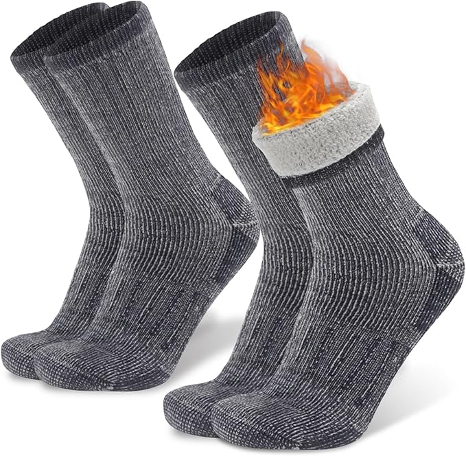 2 Pack Warm Thick Thermal Merino Wool Blend Hiking Socks for Men Women Thick Cushioned Crew Boot Socks for Winter Cold