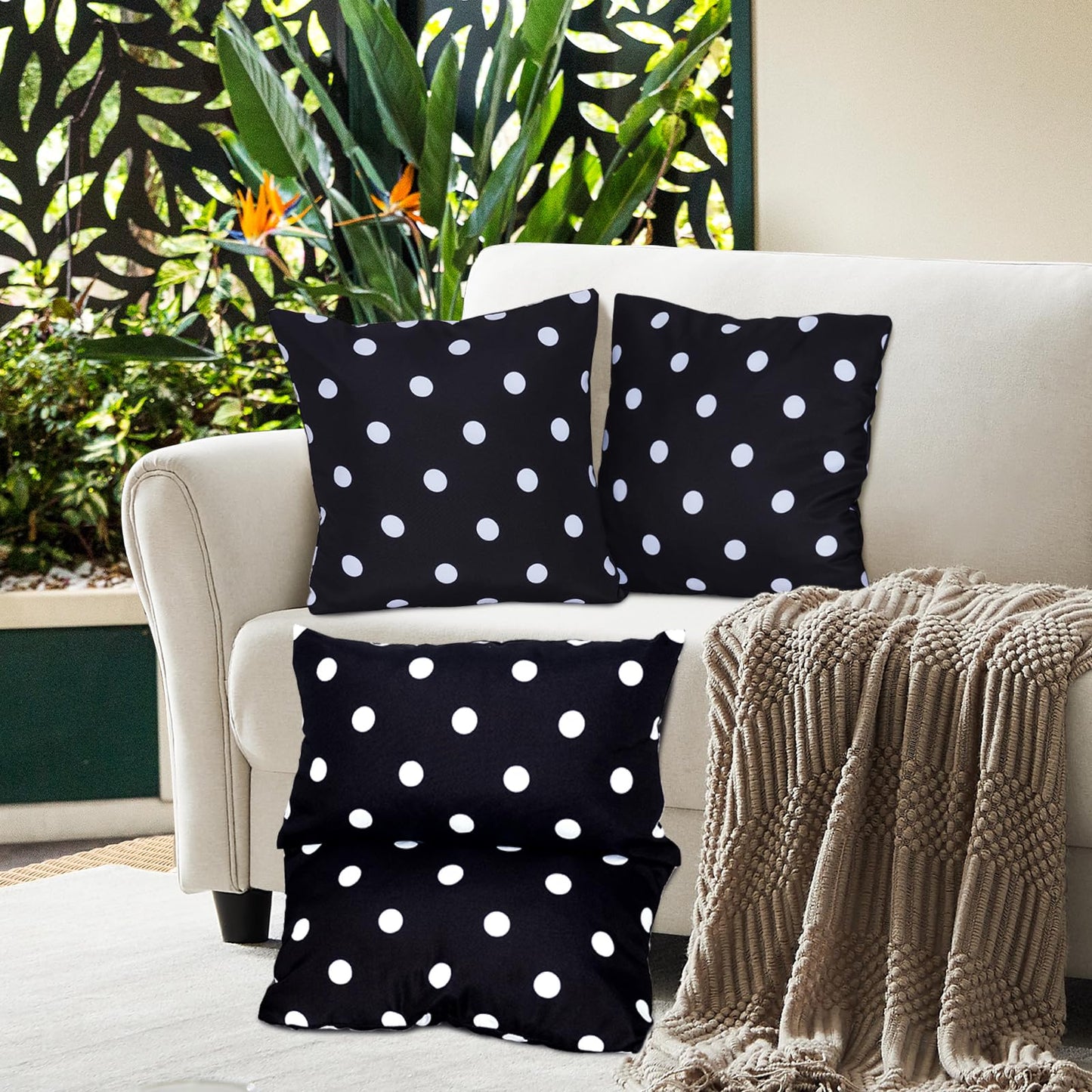 Eternal Beauty Set of 2 Waterproof Outdoor Pillow Covers for Spring Summer Patio Throw Pillows, Black White Polka Dot, 18X18 inches
