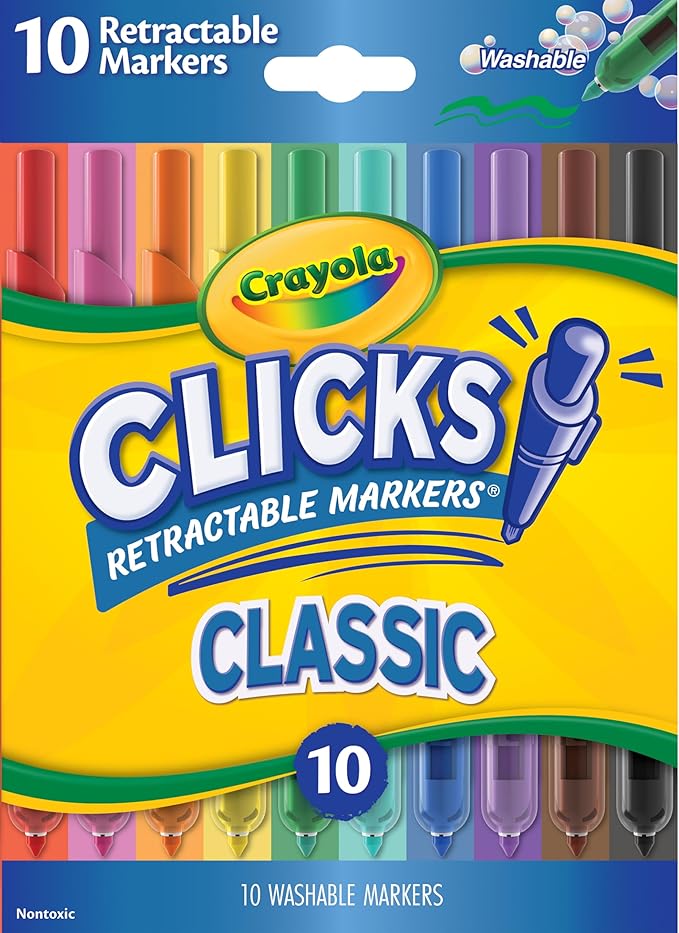 Crayola Clicks Retractable Tip Markers (10ct), Stocking Stuffers for Kids & Toddlers, Cone Tip Washable Art Marker Set, Co...