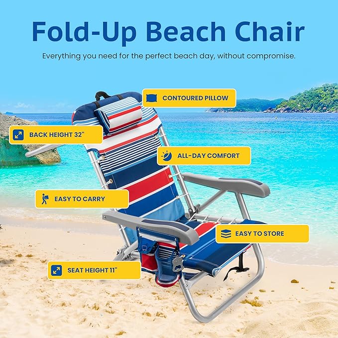 Homevative Cooler+ Folding Backpack Beach Chair with 5 Positions, Towel bar, XL Cooler Pouch, Storage Net, Cup and Phone Holder, Fireworks, 2 Pack