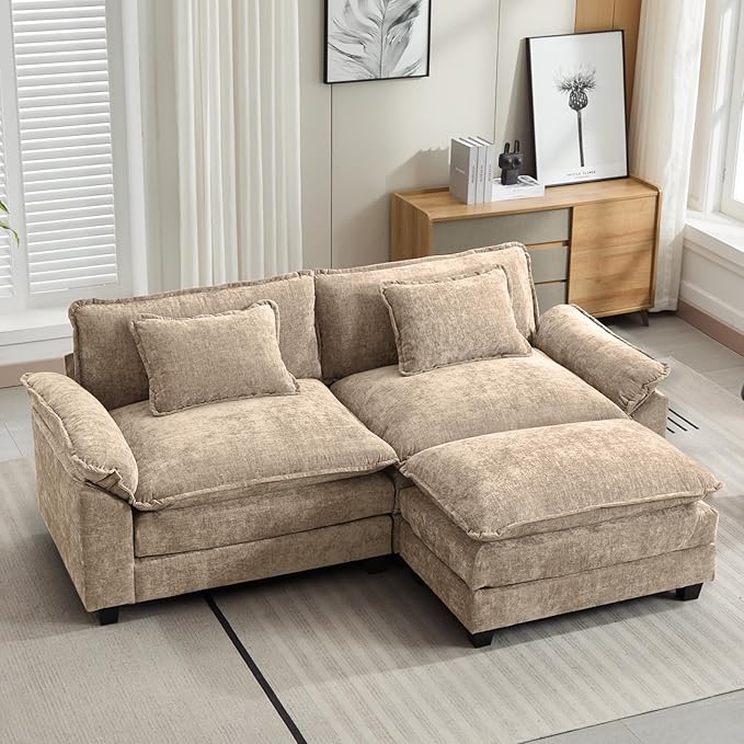 Oprisen 86" Modular Sectional Sofa, Comfy Cloud Couch Sectional Sofa with Ottoman, Chenille Sofa Sleeper Deep Seat Sofa with Throw Pillows for Living Room (Khaki, 86"- L Shape)