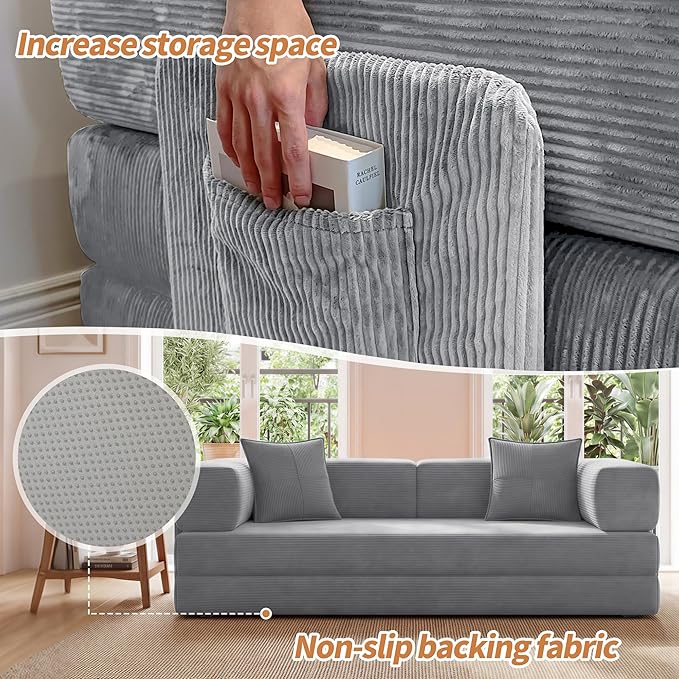 Fancyfire 78.8" Convertible Sofa Bed with Armrest Pillow,4-in-1 Sleeper Couch Bed for Livingroom,Modular Corduroy Boneless couches,No Assembly (Grey)