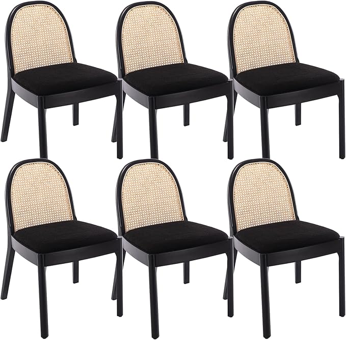 DUOMAY Mid-Century Modern Rattan Dining Chairs Set of 6, Wooden Dining Room Chair with Cane Backrest and Padded Seat, Black Sherpa Upholstered Dining Chair, Black Finish