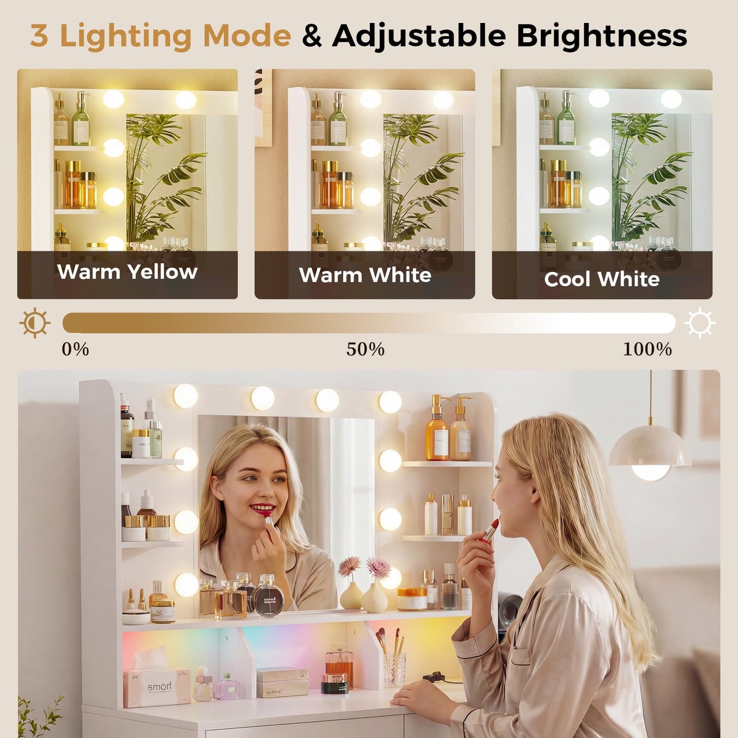 COMHOMA Vanity Desk with Lighted Mirror and Power Outlet, RGB LED Lights Makeup Vanity Set for Girls, Large Storage Capacity Dressing Table for Bedroom, 3 Lighting Modes Adjustable Brightness, White