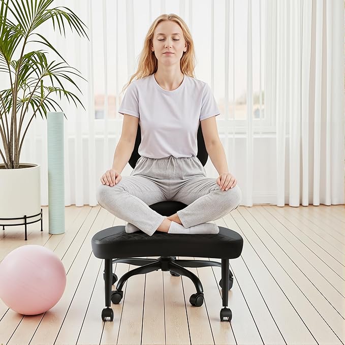 GUNJI Ergonomic Criss Cross Legged Office Chair, 360° Swivel Meditation Kneeling Chair with Wheels, ADHD Chair with Footrest, Lumbar Support, Wider Height Adjustable Seat (Faux Leather, Black)