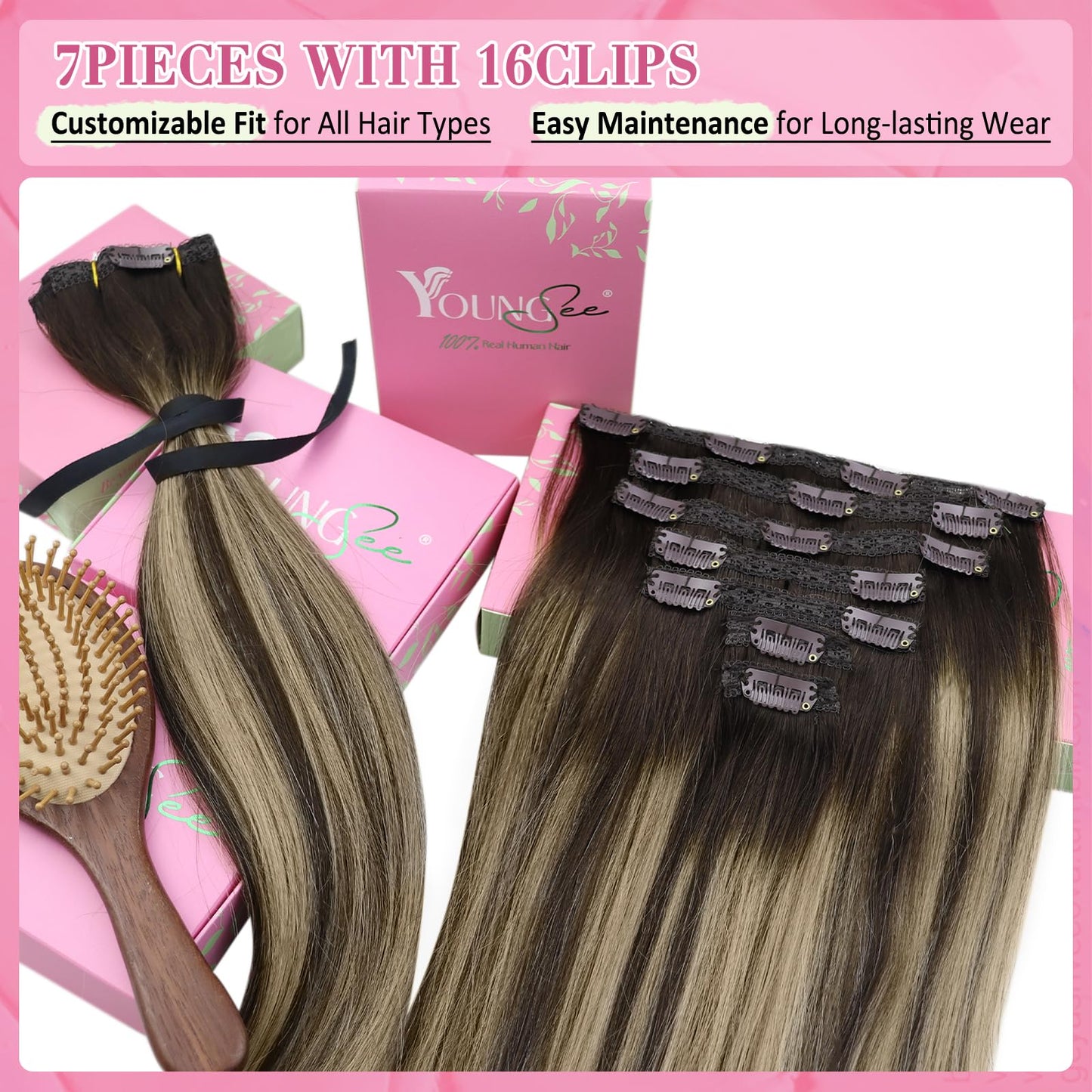 YoungSee Clip in Real Hair Extensions Balayage Brown Human Hair Clip in Extensions Chocolate Brown with Ash Blonde Balayage Real