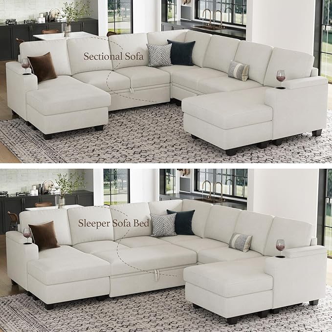 Belffin Modular Sectional Sofa with Pull Out Couch Bed Sectional Couch Convertible Sleeper Sofa with Cup Holder. White
