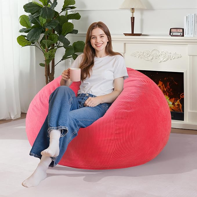 Homguava 3.5FT Bean Bag Chair: Teardrop Bean Bags with Memory Foam Filled, Compact Beanbag Chairs Soft Sofa with Corduroy Cover (Pink)