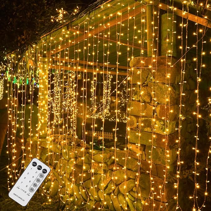 WATERGLIDE 300 LED Curtain Lights, Remote Control Christmas Decorative Hanging String Lights, 8 Lighting Modes, Plug in fo...