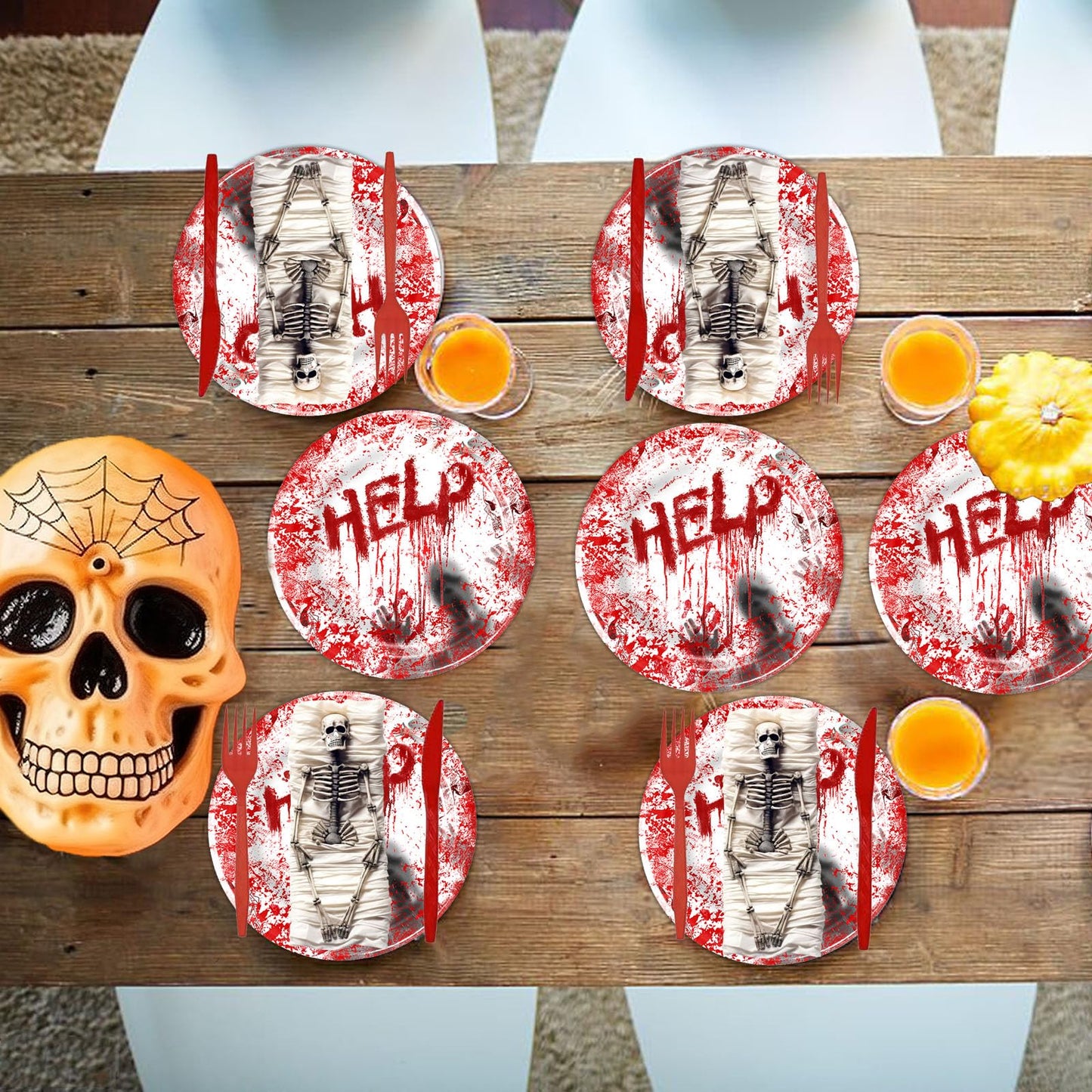 HEKEDES 48Pcs Halloween Bloody Good Time Party Tableware Set: Including 24Pcs Halloween Napkins, 12Pcs 9" Plates and 12Pcs 7" Plates for the Halloween Zombie Skull Bloody Party Table Decorations