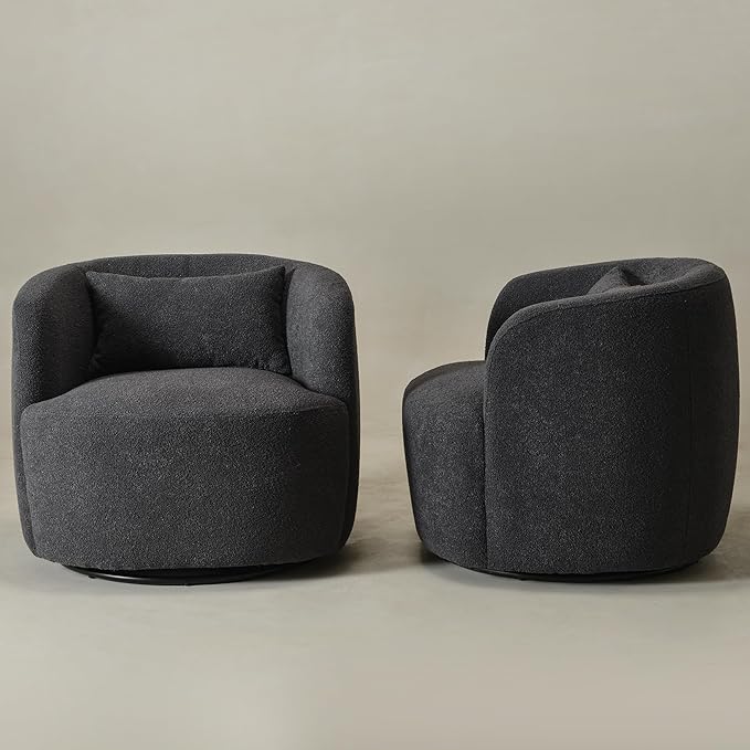 KINWELL 34" Wide Boucle Swivel Barrel Chairs Set of 2, No Assembly Round Upholstered Armchairs Accent Chairs Single Sofa Chair with Toss Pillow for Living Room and Bedroom, Dark Grey