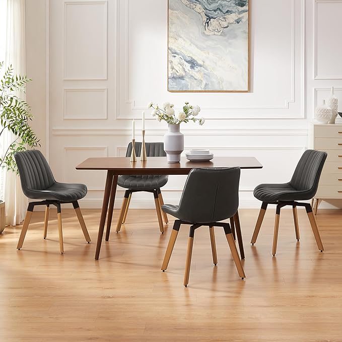 Art Leon Swivel Dining Chairs Set of 2, Mid Century Modern Kitchen Dining Room Chairs, Upholstered Faux Leather Armless Side Chair with Wood Legs for Living Room Bedroom, Dark Gray