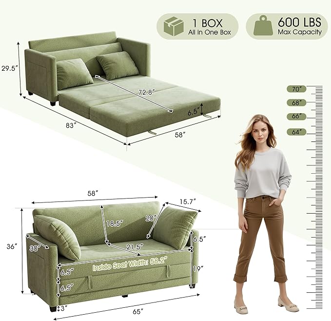 kakuboohi 65" Loveseat Sleeper Sofa Bed, Chenille Convertible Floor Sofa Bed for Small Spaces, Folding Couch Bed with Deep Seat, 2 Pillows & Solid Frame, Pull Out Floor Couch for Living Room, Green