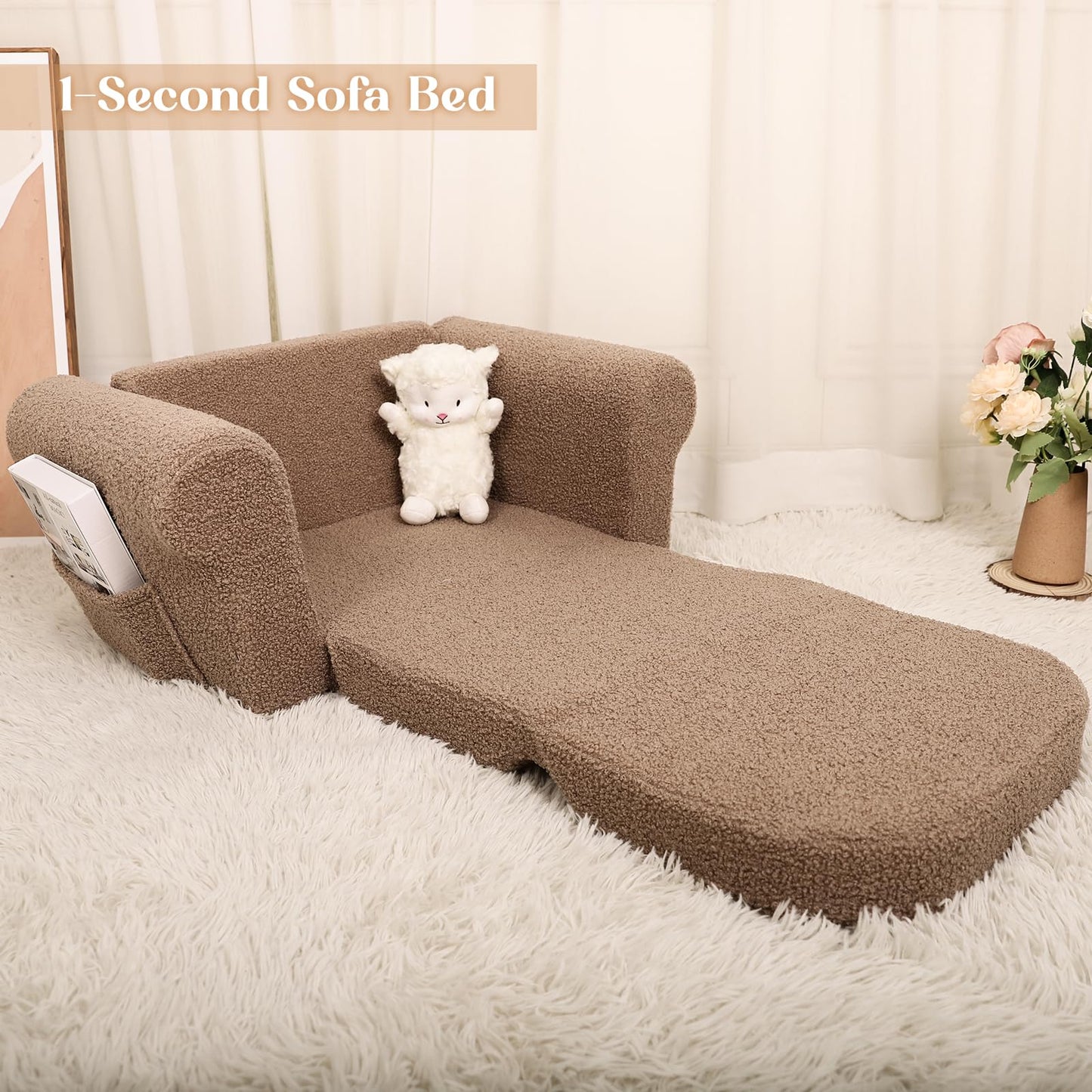 Hrebr Chairs for Toddler, 2-in-1 Toddler Soft Teddy Baby Couch Fold Out, Convertible Chair to Lounger for Girls and Boys|Safety Certified | Gift for Children