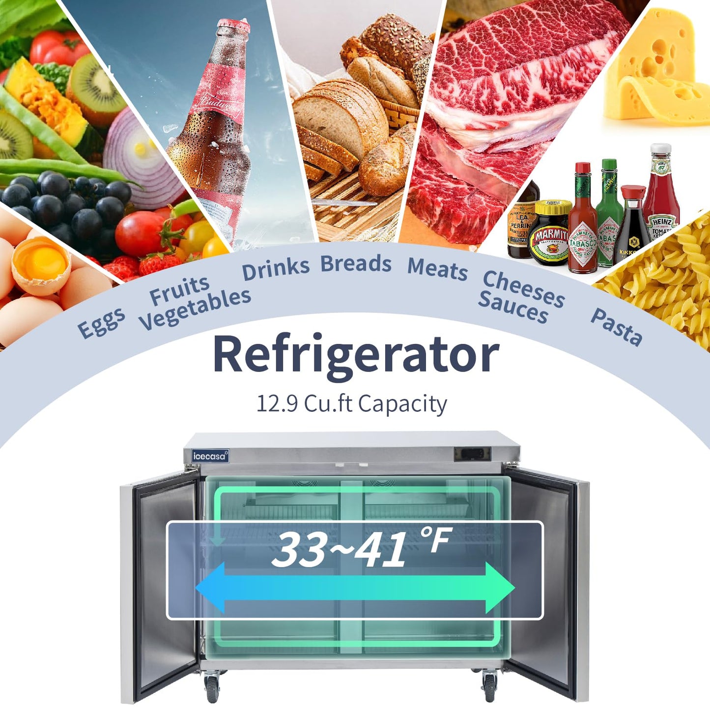 ICECASA 48" W Commercial Refrigerator Worktop Undercounter Refrigerator 2 Door Stainless Steel Counter Fan Cooling Refrigerator 13 Cu.ft for Restaurant, Bar, Shop, etc
