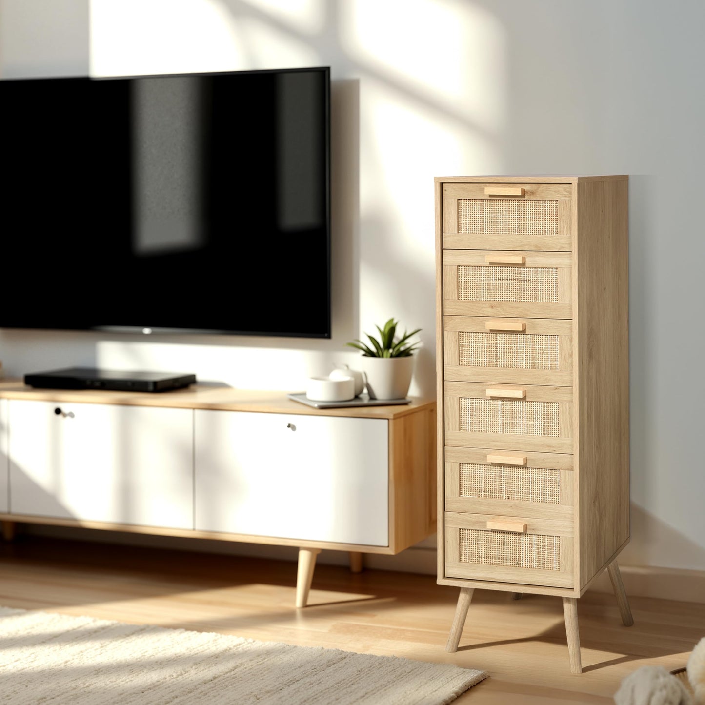 Finnhomy Rattan Dresser for Bedroom, Tall Dresser with 6 Hand Made Rattan Decorated Drawers, Small Chest of Drawers for Living Room, Closet, Hallway, Natural