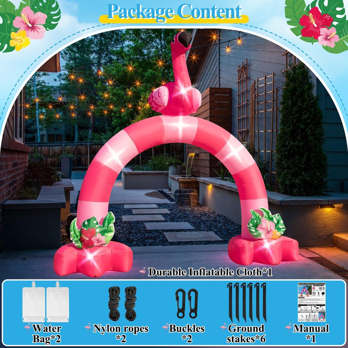 Eyourlife 12FT Pink Flamingo Inflatable Arch,Giant Inflatable Flamingo Outdoor Decor,Blow-Up Flamingo with 1Blower 6LED Lights and 2Hawaiian Leis for Summer Yard Garden Birthday Luau Beach Party
