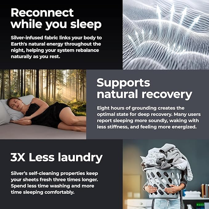 Silvery Silver-Infused Grounding Bed Sheets - Silky-Soft Earthing Fitted Sheet with Grounding Cable & Guide - 90% Lyocell 10% Conductive Silver for Better Sleep & Natural Recovery (Twin)