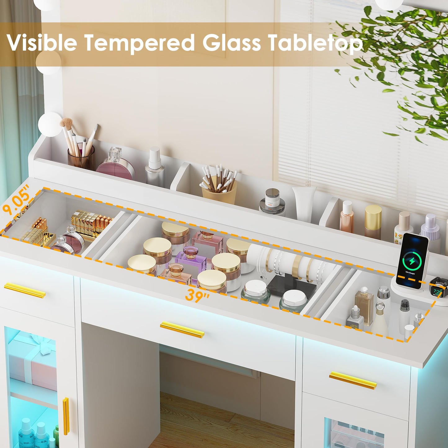 BEWISHOME Vanity Desk with Mirror and Lights White Makeup Vanity Table with Glass Top & Stool,43.4" Large Makeup Desk with Power Outlet,3 Storage Drawers,Dressing Table for Bedroom Women,Girls FST35W