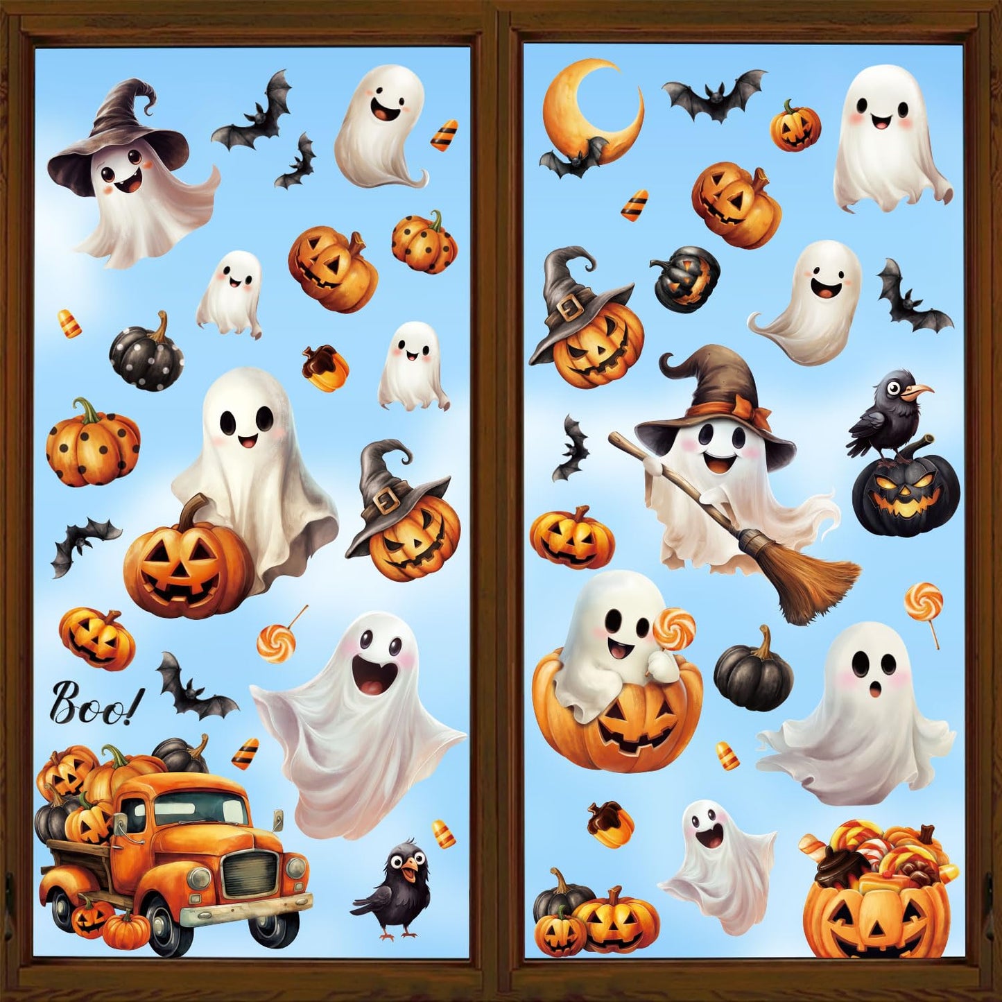 LOMIMOS Halloween Window Cling Sticker,8 Sheet Halloween Window Clings Decals with Ghost Pumpkin for Home Party Office Classroom Supplies Shop Glass Display Decoration