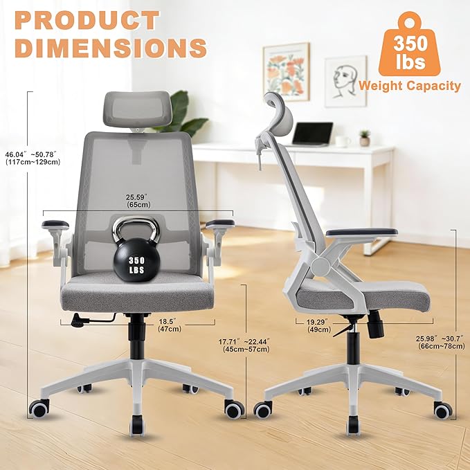 Msdizuo Ergonomic Office Computer Chair for All-Day Comfort, Dynamic Lumbar Support & Adjustable Headrest, 90° Swivel Flip-Up Arms Mesh Desk Chair - White, Tilt Lock, 350lbs