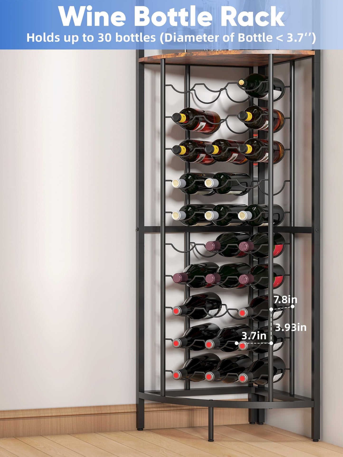 Qriocioa Corner Wine Rack with Led Strip Light Freestanding Floor with Wine Glass Holder 30 Bottle Wine Holder Rack Industrial Corner Liquor Cabinet Bar for Home Bar Kitchen Living Room (Rustic Brown)