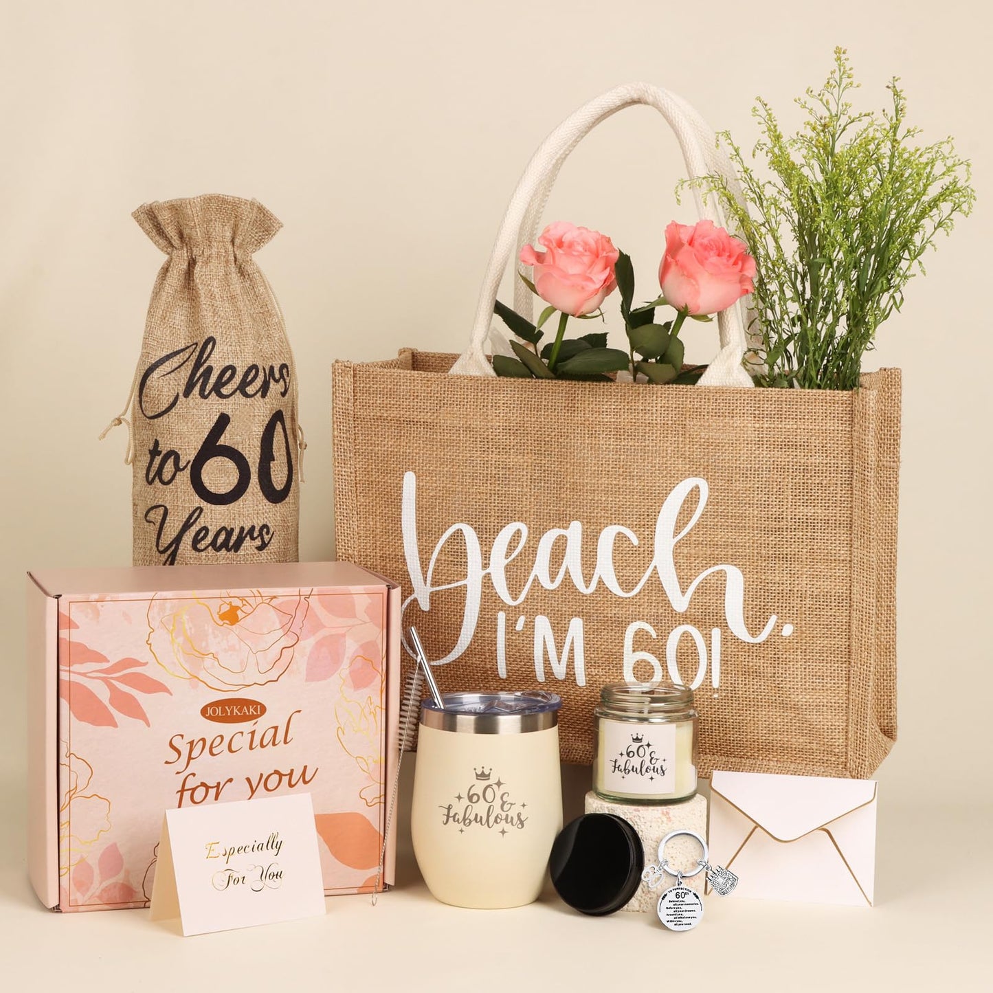 JOLYKAKI 60th Birthday Gifts for Women, 60 Birthday Gifts Ideas for Her, 60 Years Old Gift Baskets, Best 60 Fabulous 1965 Birthday Gifts Basket for Mom Sister Friend Wife Daughter Coworker