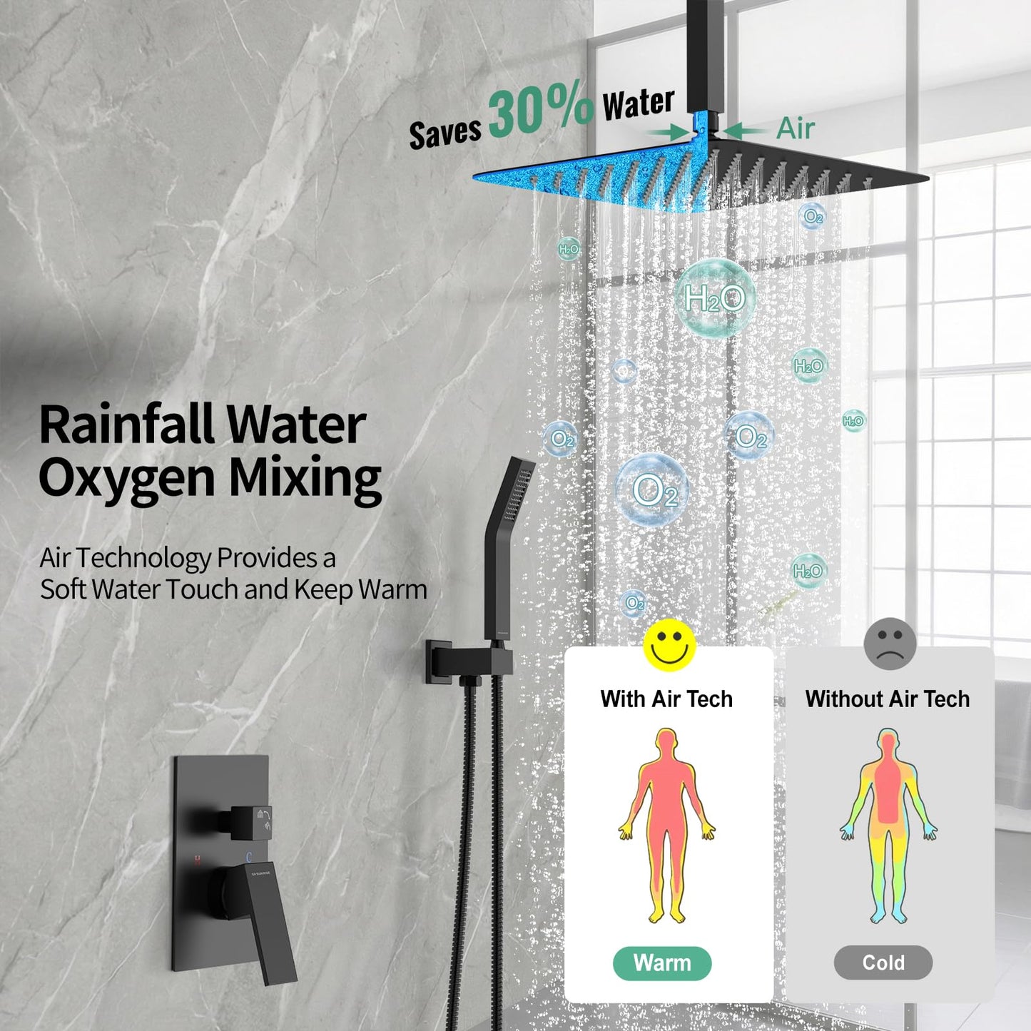 SR SUN RISE 12 Inch Ceiling Mount Matte Black Shower System Bathroom Luxury Rain Mixer Shower Faucet Set Ceiling Rainfall Shower Head System Faucet Trim Repair Kits Rough-in Valve and Trim Included