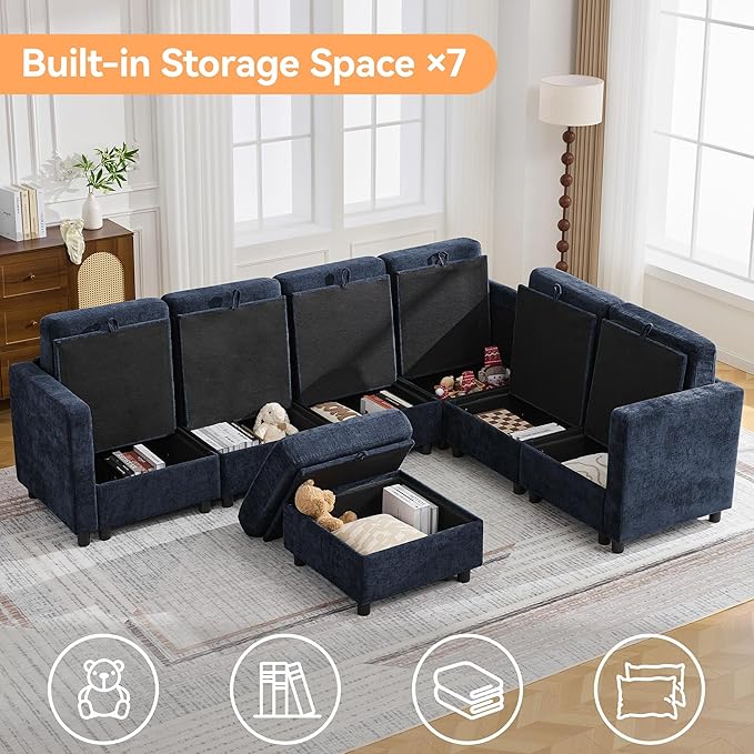 104'' V Shaped Modular Sofa, Sectional Couch with Storage for Living Room, Modern 7 Seater Cloud Sectional Couch with Movable Ottoman, Chenille Navy