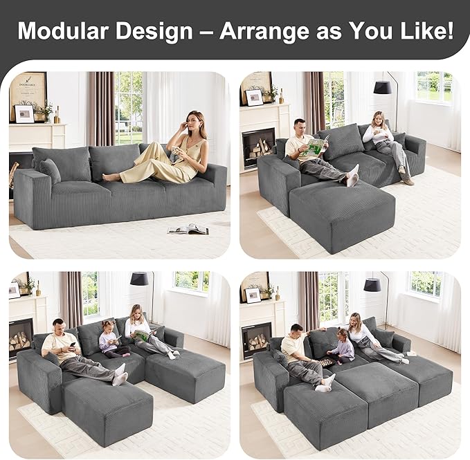 113" Modular Sectional Sofa, Compression Sofa with Deep Seat, Convertible L Shape Couch with Ottoman, Upholstered Couches for Living Room Bedroom,No Assembly Required (Grey Corduroy, 113" L Shape)
