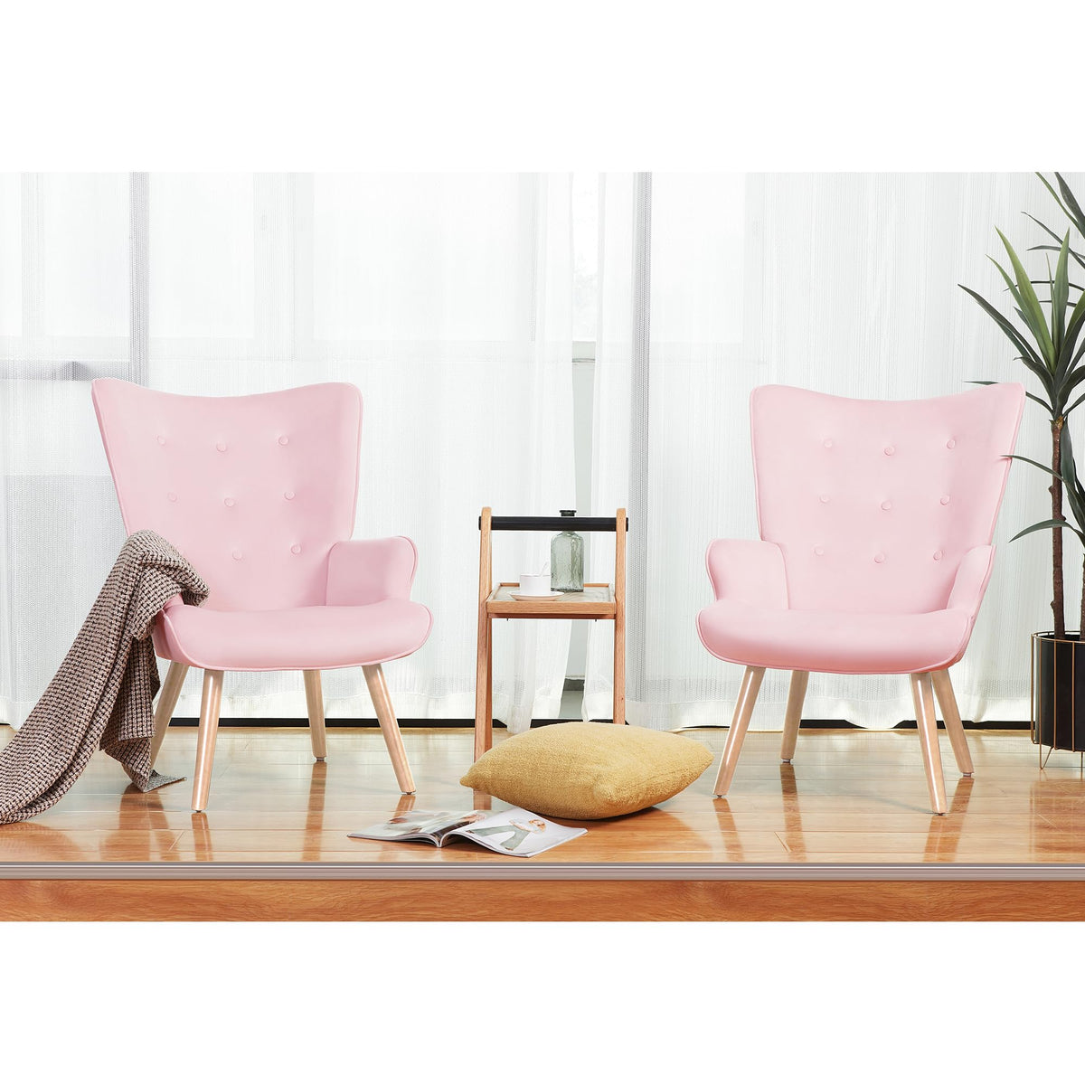 PrimeZone High Back Accent Chair - Large Mid-Century Modern Living Room Chair Reading Chair with Comfy Memory Foam Seat Cushion, Velvet Wingback Armchair for Bedroom, Corner, Pink
