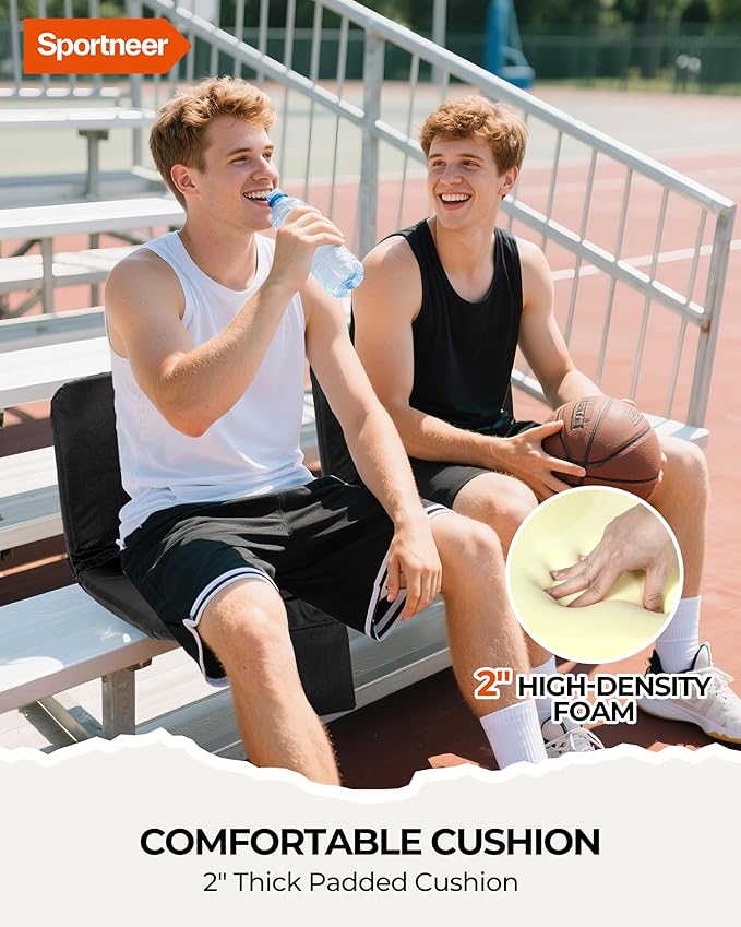 Sportneer Stadium Seats with Back Support: 6 Reclining Position Folding Bleacher Chairs with Back and Cushion - Padded Bleacher Seats with Shoulder Strap & Storage pocket for Events, Outdoors, Camping
