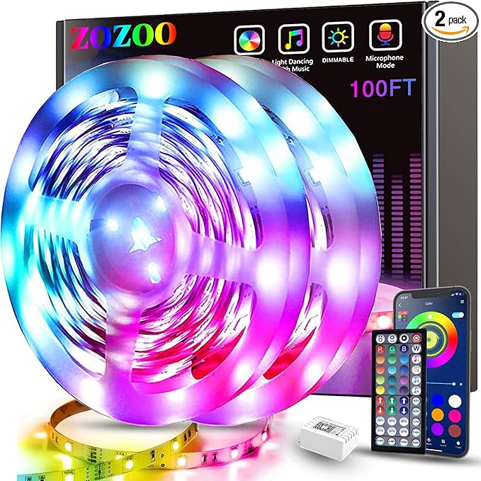 ZOZOO 100ft Led Lights for Bedroom(2 Rolls of 50ft), Smart RGB Led Strip Lights with 44-Key Remote & APP Control Music Syn...
