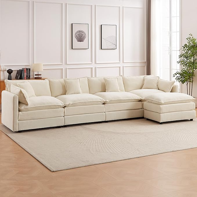 saows Modular Sectional Sofa, 147.2 Inch L Shaped Couch Set with Armrests, 4-Seater Comfy Cloud Couches with Movable Ottoman for Living Room Apartment, Beige